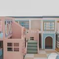 Colorful Indoor Kids Playhouse With Pink Staircase Blue Sofa Green Windows And Checkerboard Floor