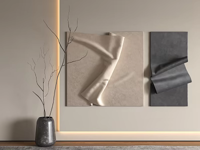 Beige And Dark Gray Fabric Wall Hangings With Gray Vase And Branches On Light Wall 3d model