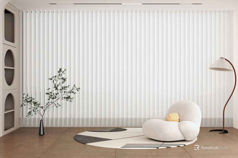 White Vertical Blinds In Modern Room With Accent Chair Potted Plant Beige Rug Floor Lamp 3d model 