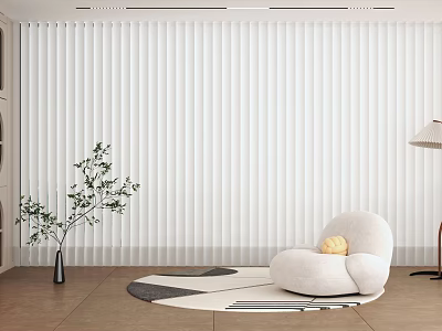 White Vertical Blinds In Modern Room With Accent Chair Potted Plant Beige Rug Floor Lamp 3d model