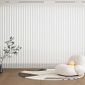 White Vertical Blinds In Modern Room With Accent Chair Potted Plant Beige Rug Floor Lamp