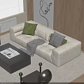 Modern Beige Sofa and Coffee Table Set with Green Gray Cushions Throw Blanket Black Table