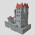 Cartoon Scene Featuring a Castle with Red Roofs Stone Walls and Towers