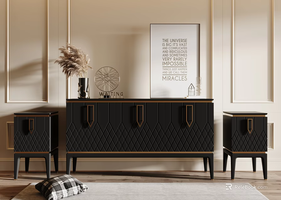 Elegant Modern Living Room TV Stand With Diamond Pattern Gold Trim And Side Cabinets 3d model 
