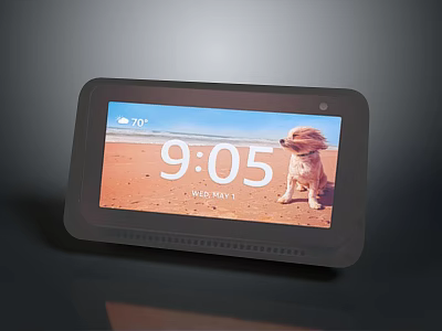 Smart Computer Display With Beach Background Dog Time 70°F Temperature And Wednesday 3d model