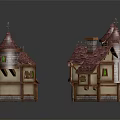 Architectural Small House Models with Purple Roofs Green Windows Spires and Towers