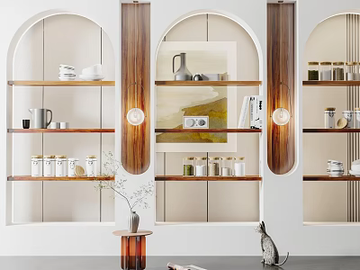 Elegant Modern Arched Display Cabinets Featuring Wooden White Shelves With Decorative Jars Mugs And Vase 3d model