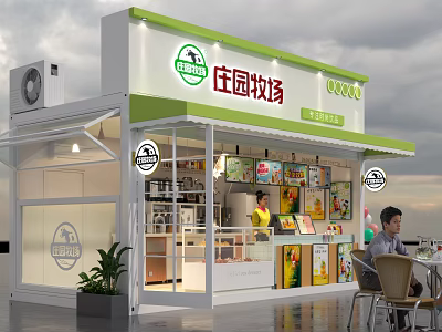 Modern Container Building Store With Transparent Glass Green Roof Interior Shelves And Outdoor Seating 3d model