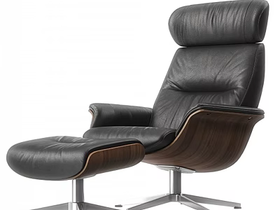 Comfortable Black Leather Office Chair With Wooden Armrests And Metal Base Ottoman 3d model