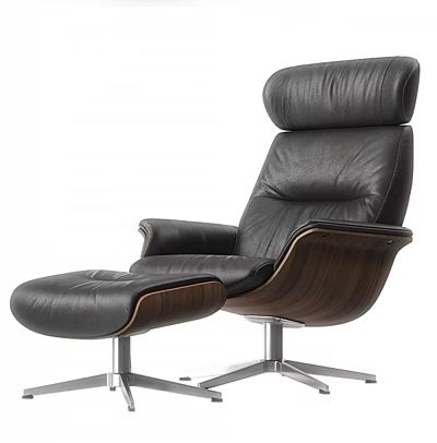 Comfortable Black Leather Office Chair With Wooden Armrests And Metal Base Ottoman 3d model