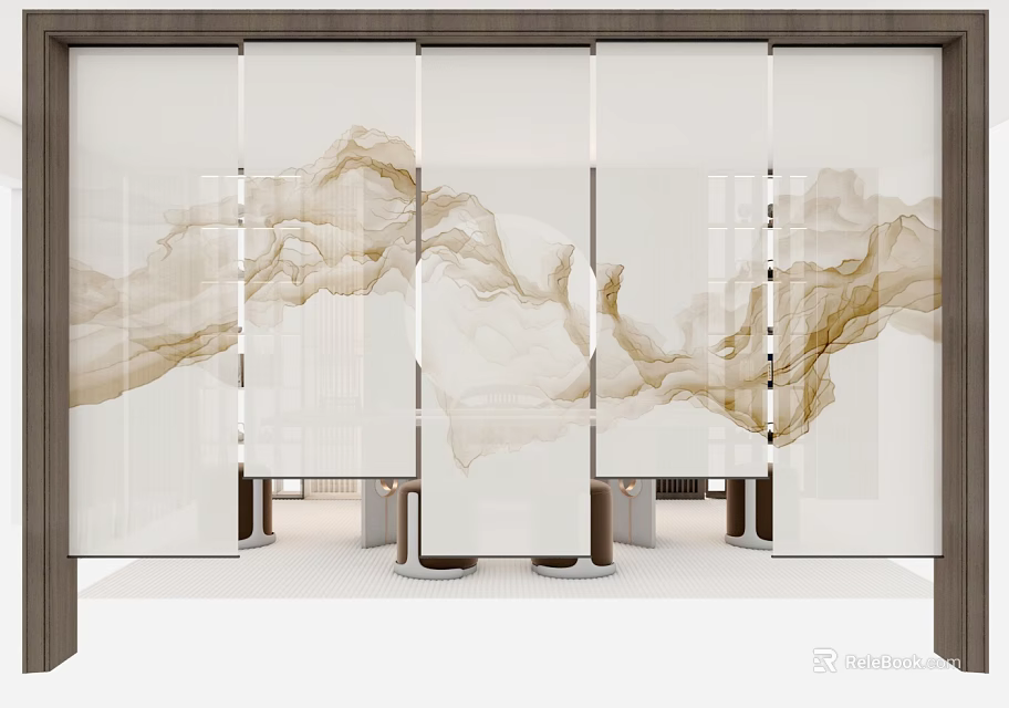 Modern Transparent Room Divider With Brown Ink Landscape Pattern For Interior Space 3d model 