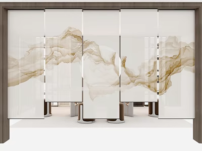 Modern Transparent Room Divider With Brown Ink Landscape Pattern For Interior Space 3d model