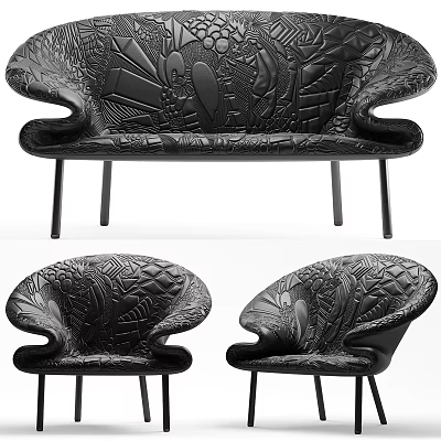 Modern Black Carved Sofa Set with Sofa and Matching Chairs and Thin Black Legs 3d model