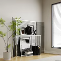Modern Metal Shelving Unit with Black Vase Photo Frame Books Green Plant and White Wall