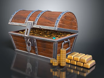 Open Wooden Treasure Chest Filled With Gold Coins And Gold Bars Stacks 3d model