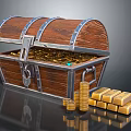 Open Wooden Treasure Chest Filled With Gold Coins And Gold Bars Stacks