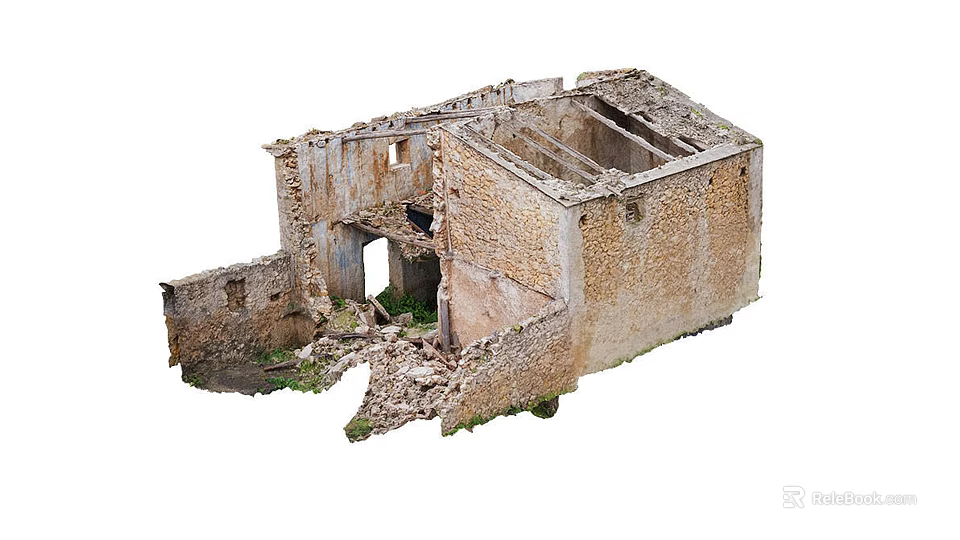 Ruined Building Structural Components With Stone Adobe Walls Collapsed Sections And Wooden Beams 3d model 