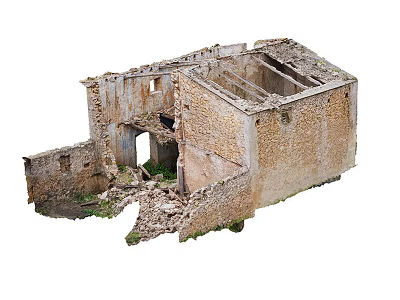 Ruined Building Structural Components With Stone Adobe Walls Collapsed Sections And Wooden Beams 3d model