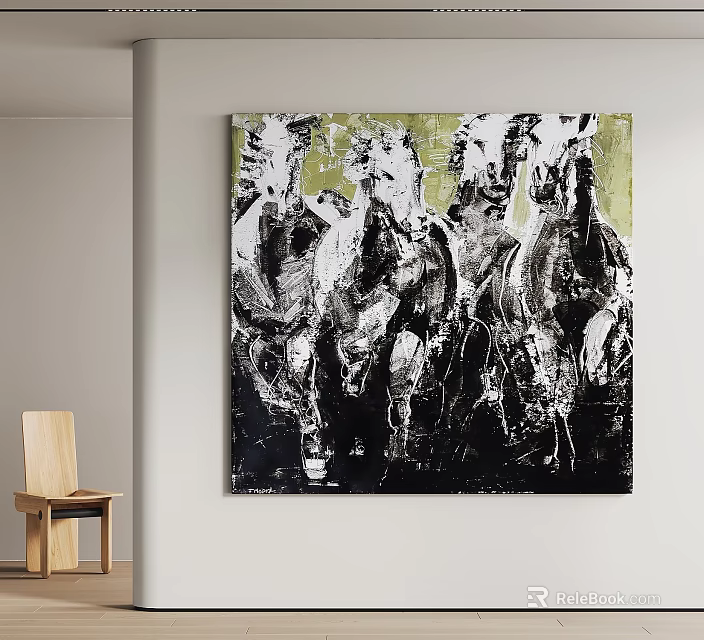 Abstract Black And White Horse Painting With Green Background Hanging On Wall In Interior 3d model 