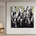 Abstract Black And White Horse Painting With Green Background Hanging On Wall In Interior