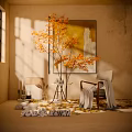 Sunlit Interior Space With Orange Leaf Plant Painting Chair And Carpet