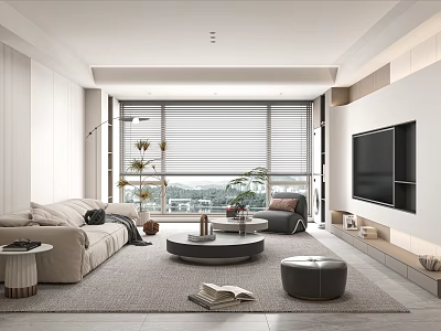 Modern Living Room Interior With Large Windows Blinds Light Sofa Coffee Table And Potted Plants 3d model