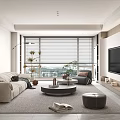 Modern Living Room Interior With Large Windows Blinds Light Sofa Coffee Table And Potted Plants