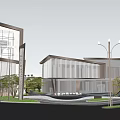 Modern Sales Office Building With Glass Facade Water Feature And Landscaped Garden