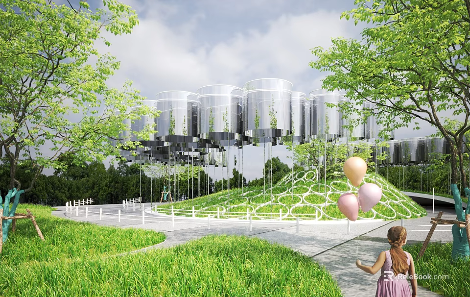 Modern Park Landscape with Child Holding Balloons Green Grass Trees and Silver Cylindrical Buildings 3d model 