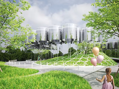 Modern Park Landscape with Child Holding Balloons Green Grass Trees and Silver Cylindrical Buildings 3d model
