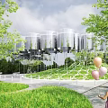 Modern Park Landscape with Child Holding Balloons Green Grass Trees and Silver Cylindrical Buildings