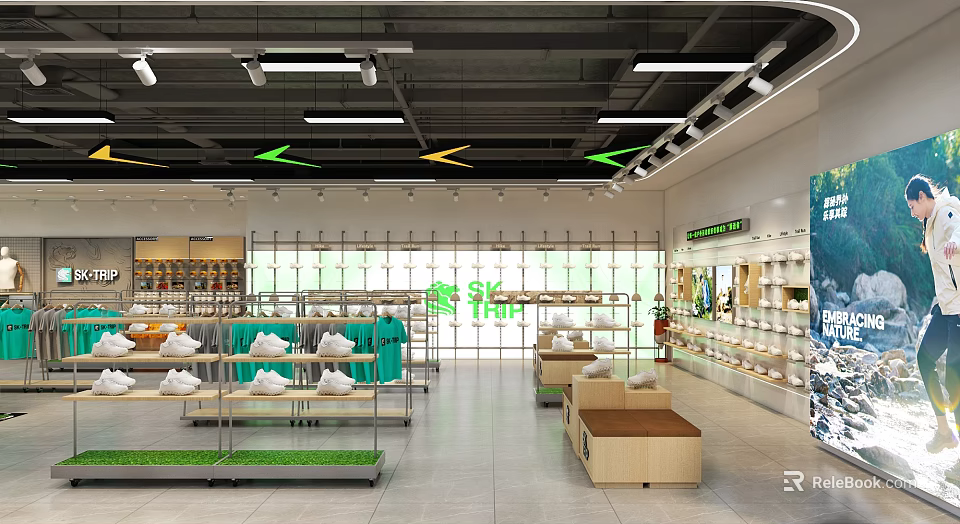 Modern Bright Clothing Store Interior With Spacious Layout And Neat Apparel Footwear Display Racks 3d model 