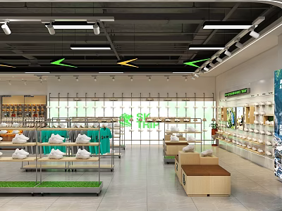 Modern Bright Clothing Store Interior With Spacious Layout And Neat Apparel Footwear Display Racks 3d model