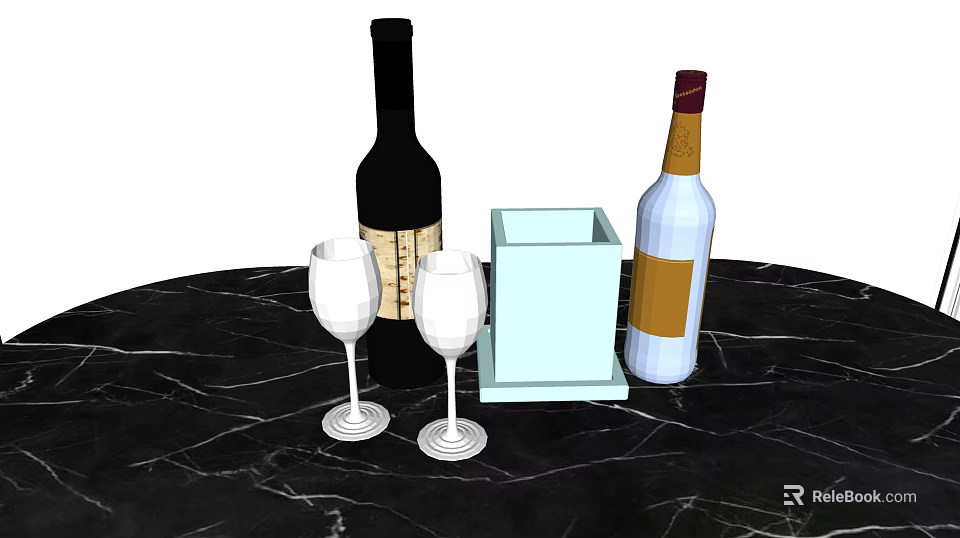 Wine Bottles and Glasses on Black Marble Tabletop with Light Blue Square Container 3d model 