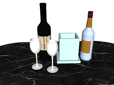 Wine Bottles and Glasses on Black Marble Tabletop with Light Blue Square Container 3d model