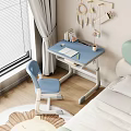 Blue Desk in Modern Cozy Kids Bedroom with Books Notebook and Decorations by Window