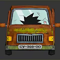 Orange Cartoon Style Worn Car With Broken Windows And Scratched Body