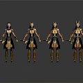 Female Characters Wearing Gold And Black Armor Holding Spears Standing Against Grey Background