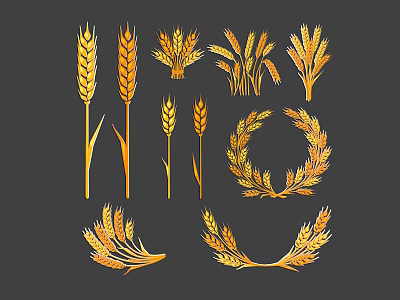 Various Golden Wheat Crops With Ears Bundles And Decorative Wreath Designs 3d model