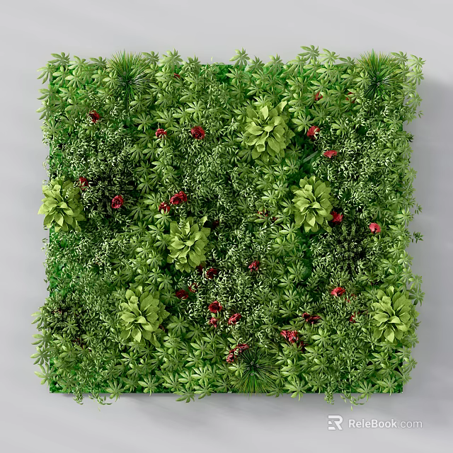 Decorative Green Plant Wall With Various Green Plants And Red Flowers 3d model 