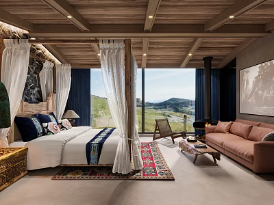 Hotel Room Featuring Wooden Ceiling White Canopy Bed Mountain View Brown Sofa And Colorful Rug 3d model