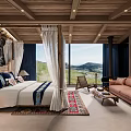 Hotel Room Featuring Wooden Ceiling White Canopy Bed Mountain View Brown Sofa And Colorful Rug