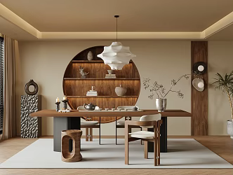 Middle Ancient Study Tea Room Desk and Chair Tea Table and Chair Background Wall Chandelier Stool 3d model