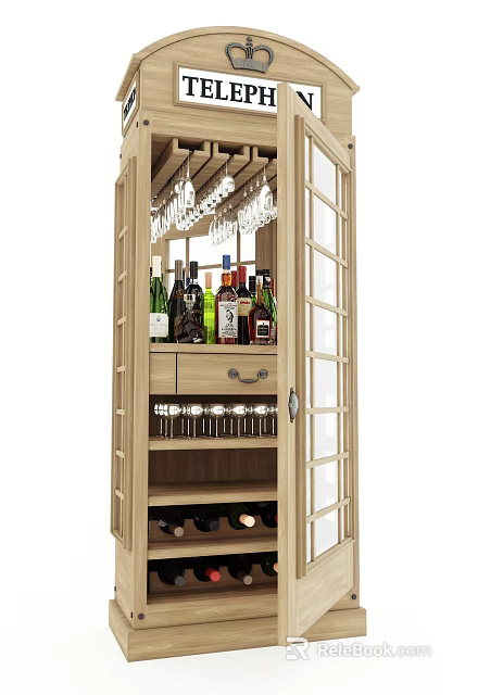 Wooden Wine Cabinet With Glass Door Hanging Wine Glasses And Storage Shelves 3d model 
