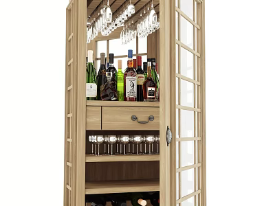 Wooden Wine Cabinet With Glass Door Hanging Wine Glasses And Storage Shelves 3d model