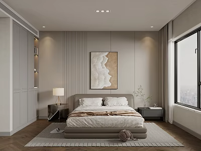 Elegant Modern Bedroom Interior With Bed Wall Painting Nightstands Table Lamps And Window 3d model