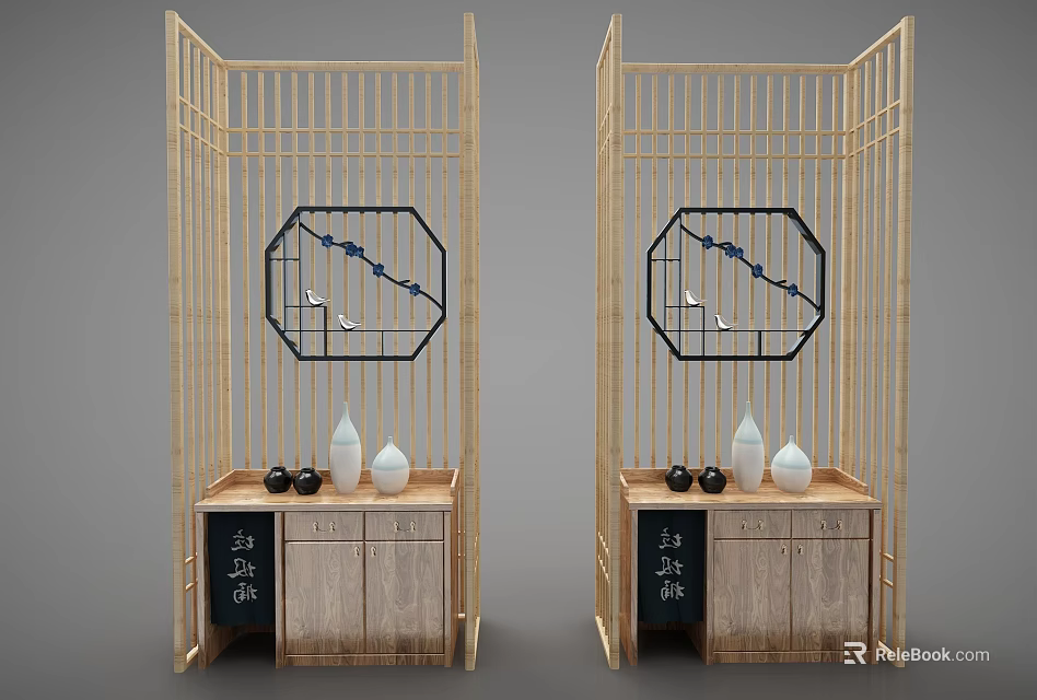 Traditional Japanese Decorative Cabinet With Bamboo Frame Octagonal Panel And Bird Patterns 3d model 
