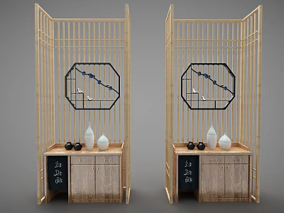 Traditional Japanese Decorative Cabinet With Bamboo Frame Octagonal Panel And Bird Patterns 3d model