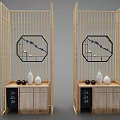 Traditional Japanese Decorative Cabinet With Bamboo Frame Octagonal Panel And Bird Patterns