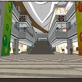 Spacious Shopping Mall Lobby With Multi Level Staircase Colorful Decorative Columns And Balloons